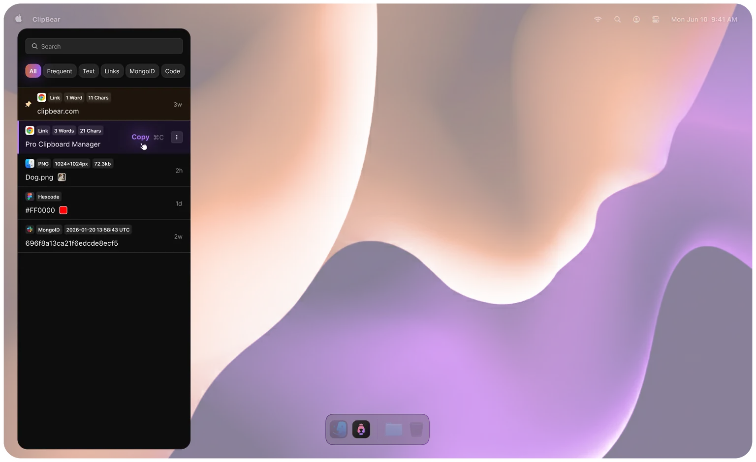 ClipBear menu bar app showing clipboard history with smart content detection